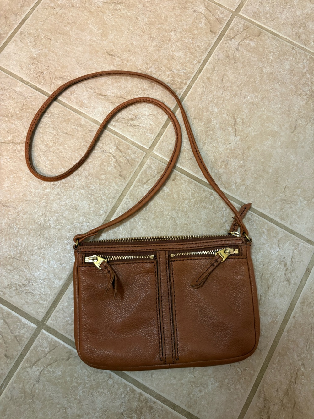 Small Fossil brown pebbled leather crossbody purse